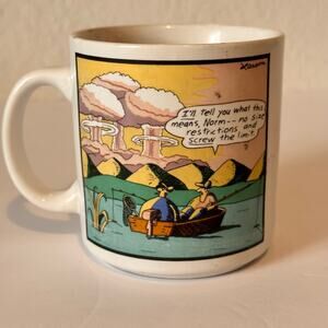 The Far Side 1986 Cartoon Coffee Mug Cup Norm Fishing Atomic Bomb World End